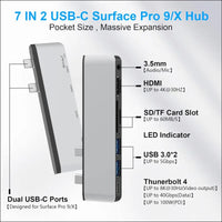 Surface Pro 11/10/9 Hub with 4k HDMI, USB C Thunerdbolt 4(Display+PD Charging+Data), USB 3.0 * 2, SD&TF Card Slot, 3.5mm Audio, Triple Display(Surface Pro 9+HDMI+USB C) for Surface Pro 11/10/9
