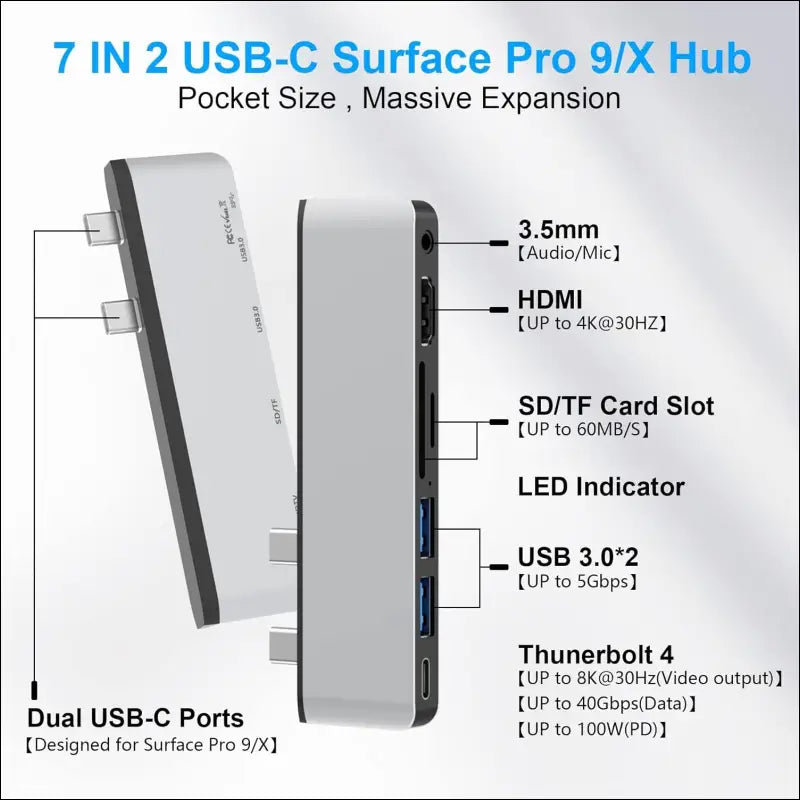Surface Pro 11/10/9 Hub with 4k HDMI, USB C Thunerdbolt 4(Display+PD Charging+Data), USB 3.0 * 2, SD&TF Card Slot, 3.5mm Audio, Triple Display(Surface Pro 9+HDMI+USB C) for Surface Pro 11/10/9