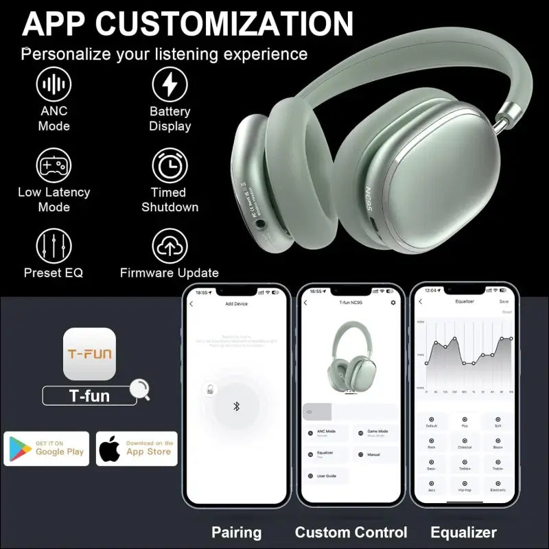 T-fun NC95 Hybrid Active Noise Cancelling Headphones, Over Ear Headphones Wireless Bluetooth 5.3, Built-in Mic, 65H Playtime, App Control, Hi-Res Audio, Comfort Fit, Clear Calls...