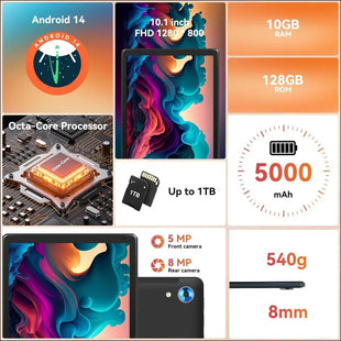 Tablet,10.1" Android Tablet with Octa-core Processor 10GB RAM 128GB ROM HD IPS Touchscreen 8H Battery, Wi-Fi 6, BT 5.0, Dual Camera, Google Tablets 2024