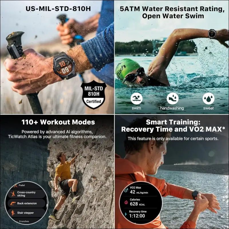 TicWatch Atlas Smartwatch for Men Android Wear OS Smart Watch Outdoor 90 Hrs Battery 110+ Workout Modes Fitness Tracker 5ATM GPS Compass Android Compatible Only