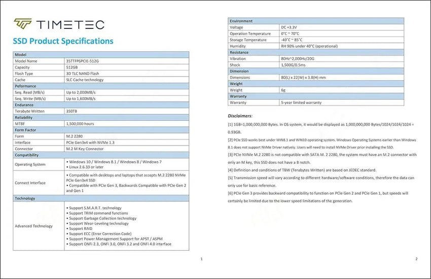 Timetec 512GB SSD NVMe PCIe Gen3x4 8Gb/s M.2 2280 3D NAND TLC 350TBW High Performance SLC Cache Read/Write Speed Up to 2,000/1,600 MB/s Internal Solid State Drive (512GB)