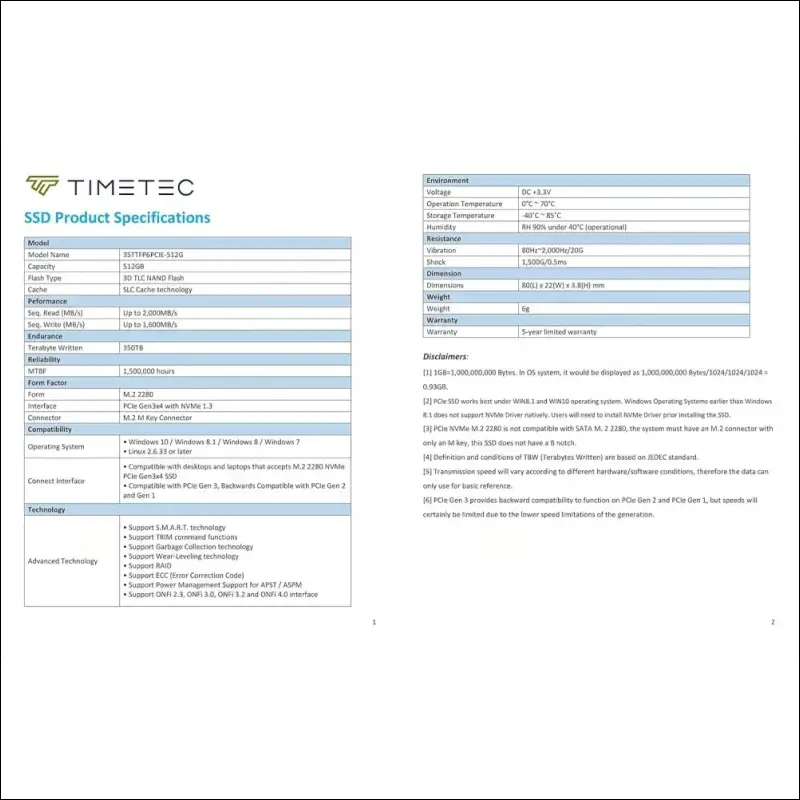 Timetec 512GB SSD NVMe PCIe Gen3x4 8Gb/s M.2 2280 3D NAND TLC 350TBW High Performance SLC Cache Read/Write Speed Up to 2,000/1,600 MB/s Internal Solid State Drive (512GB)