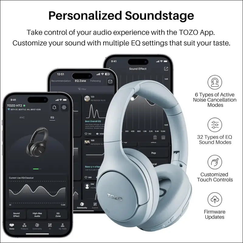 TOZO HT2 Hybrid Active Noise Cancelling Wireless Headphones, 60H Playtime Lossless Audio Over Ear Bluetooth Headphones, Hi-Res Audio Deep Bass Foldable Lightweight Headset for...