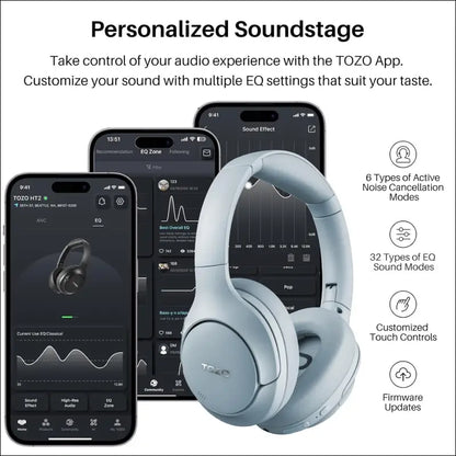 TOZO HT2 Hybrid Active Noise Cancelling Wireless Headphones, 60H Playtime Lossless Audio Over Ear Bluetooth Headphones, Hi-Res Audio Deep Bass Foldable Lightweight Headset for...