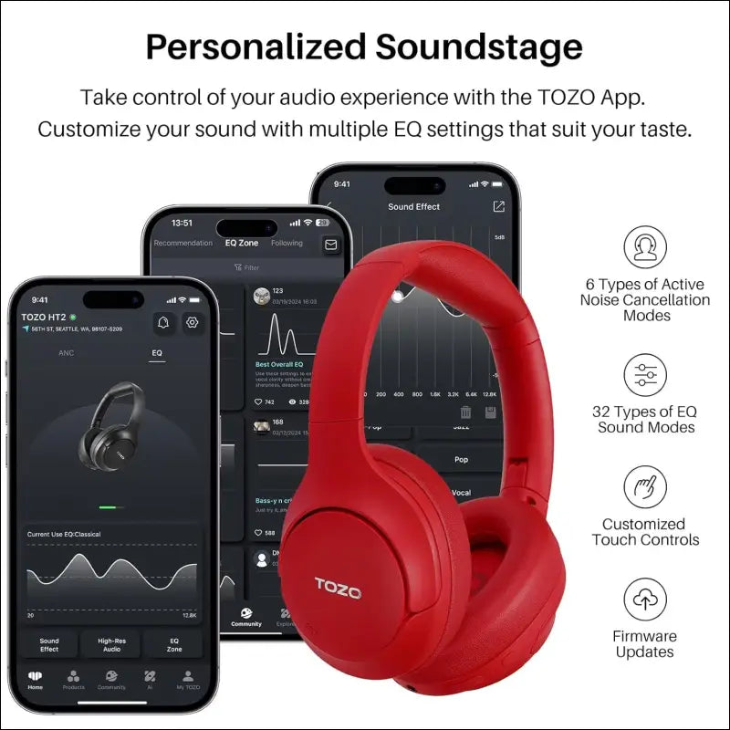 TOZO HT2 Hybrid Active Noise Cancelling Wireless Headphones, 60H Playtime Lossless Audio Over Ear Bluetooth Headphones, Hi-Res Audio Deep Bass Foldable Lightweight Headset for...