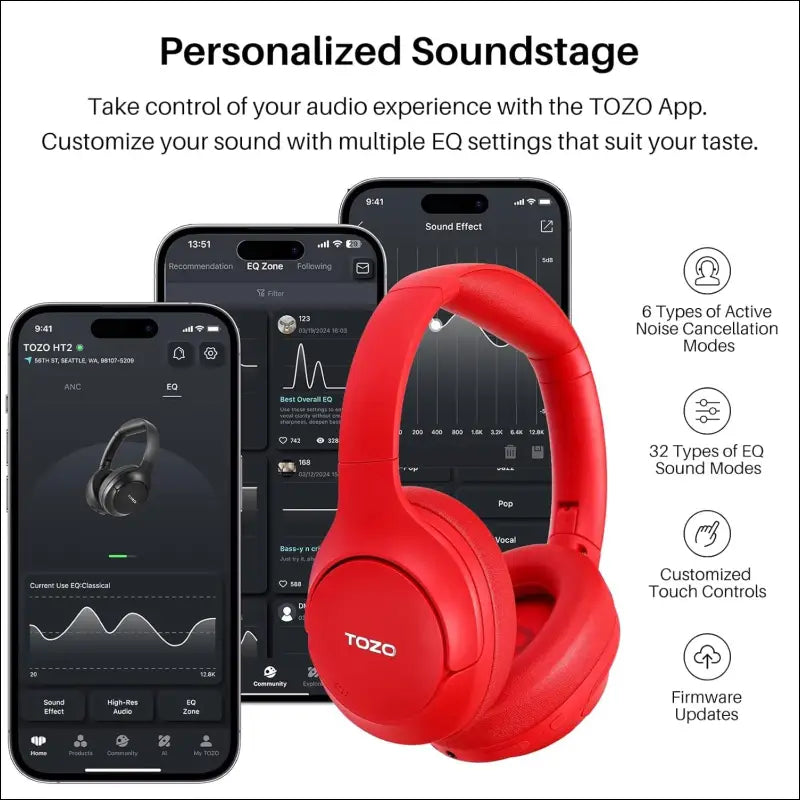TOZO HT2 Hybrid Active Noise Cancelling Wireless Headphones, 60H Playtime Lossless Audio Over Ear Bluetooth Headphones, Hi-Res Audio Deep Bass Foldable Lightweight Headset for...