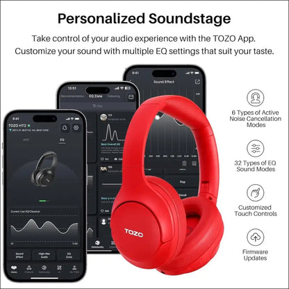 TOZO HT2 Hybrid Active Noise Cancelling Wireless Headphones, 60H Playtime Lossless Audio Over Ear Bluetooth Headphones, Hi-Res Audio Deep Bass Foldable Lightweight Headset for...