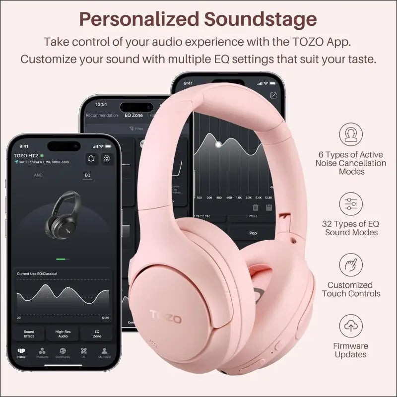 TOZO HT2 Hybrid Active Noise Cancelling Wireless Headphones, 60H Playtime Lossless Audio Over Ear Bluetooth Headphones, Hi-Res Audio Deep Bass Foldable Lightweight Headset for...