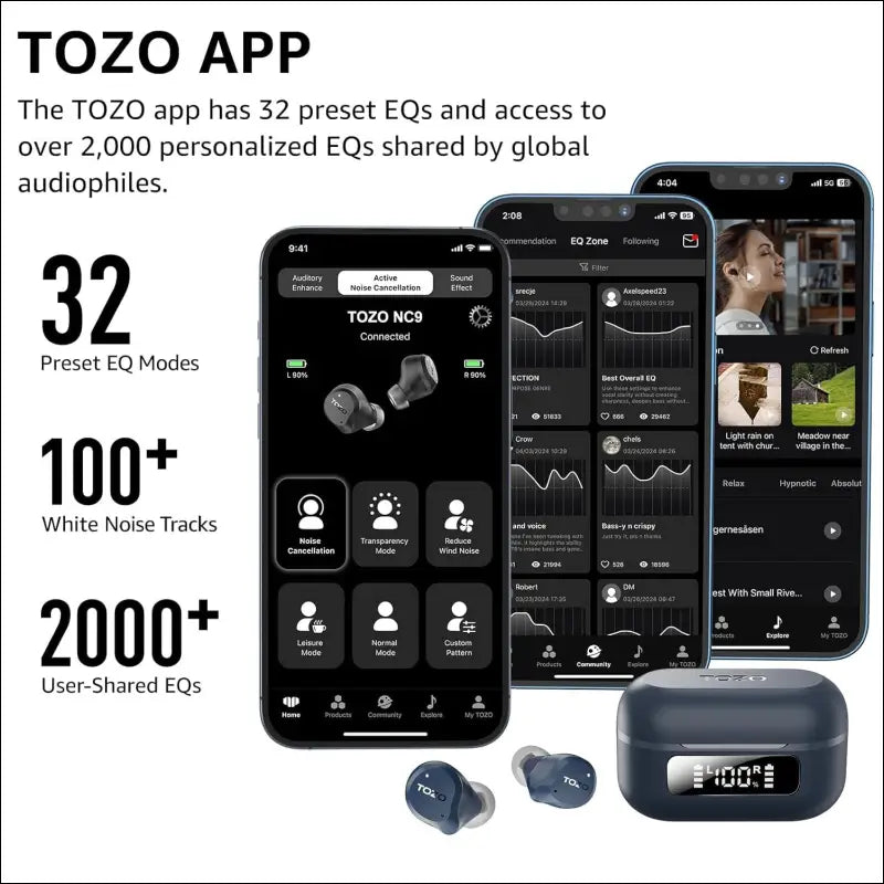 TOZO New Hybrid Active Noise Cancelling Wireless Earbuds, 6 Mics ENC Clear Call, IPX8 Waterproof, in Ear Bluetooth 5.3 Headphones Stereo Bass Heasets 59H Playtime with LED...