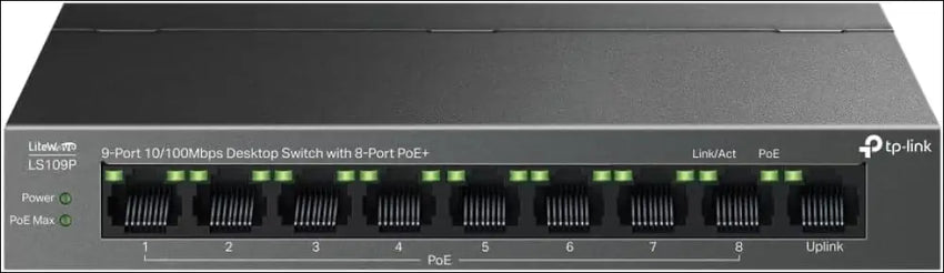 TP-Link 9-Port 10/100Mbps Desktop Ethernet Switch with 8-Port PoE + 63 W PoE Budget PoE Auto Recovery,Plug & Play Metal