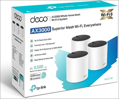 Tp-Link Deco AX3000 Whole Home Mesh Wifi 6, Dual-Band, Coverage up to 600 Sqm, 160 Mhz, 1024-QAM, Seamless AI Roaming, Homeshield Security, Gaming & Streaming, Smart Home (Deco X55(3-Pack))