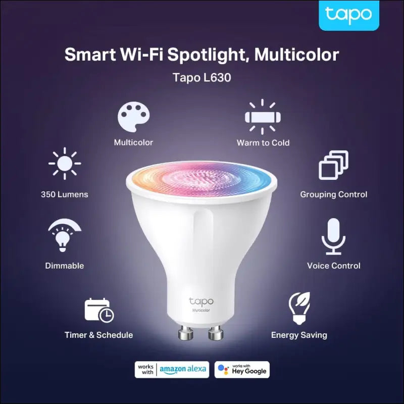 TP-Link Tapo Smart Wi-Fi Spotlight, Multicolour, Tunable White - GU10, 3.7W, No Hub Required, Compatible with Alexa and Google Home, Remote Control, Energy Class A+ (Tapo...