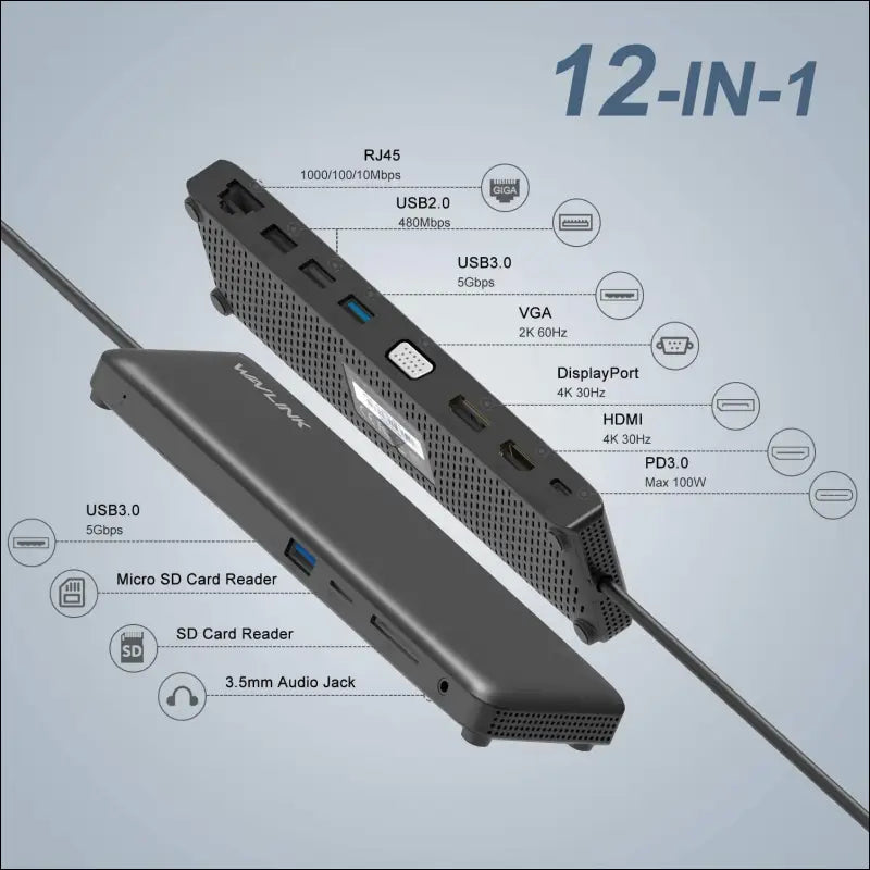 Triple Display USB C Docking Station,  12-in-1 USB C Hub, 3 Monitors Type C Adapter with 100W PD3.0 Charging,HDMI, Display Port and VGA, Ethernet-Supports for Windows/Mac and More