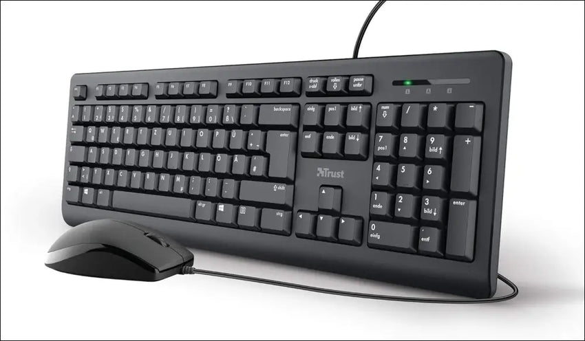 Trust 24086 Taro Wired Keyboard Mouse Set - German QWERTZ Layout, Quiet Keys and Mouse Buttons, Splashproof, Ergonomic, USB Port, PC/Laptop, Windows/MacOS - Black