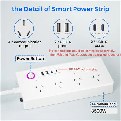 UanTii Tuya WiFi Power Strip Surge Protector Smart Universal Power Extension with 2 Type C Port(PD 20W Fast Charging),Timing Schedule App Control Compatible with Alexa Works...