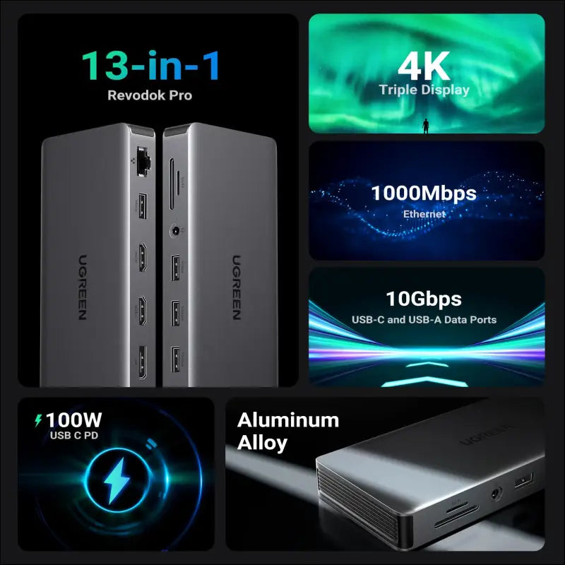 UGREEN Revodok Pro 313 Laptop Docking Station 13 in 1 4K Triple Display USB C Dock Dual HDMI DP 10Gbps Data Port 100W