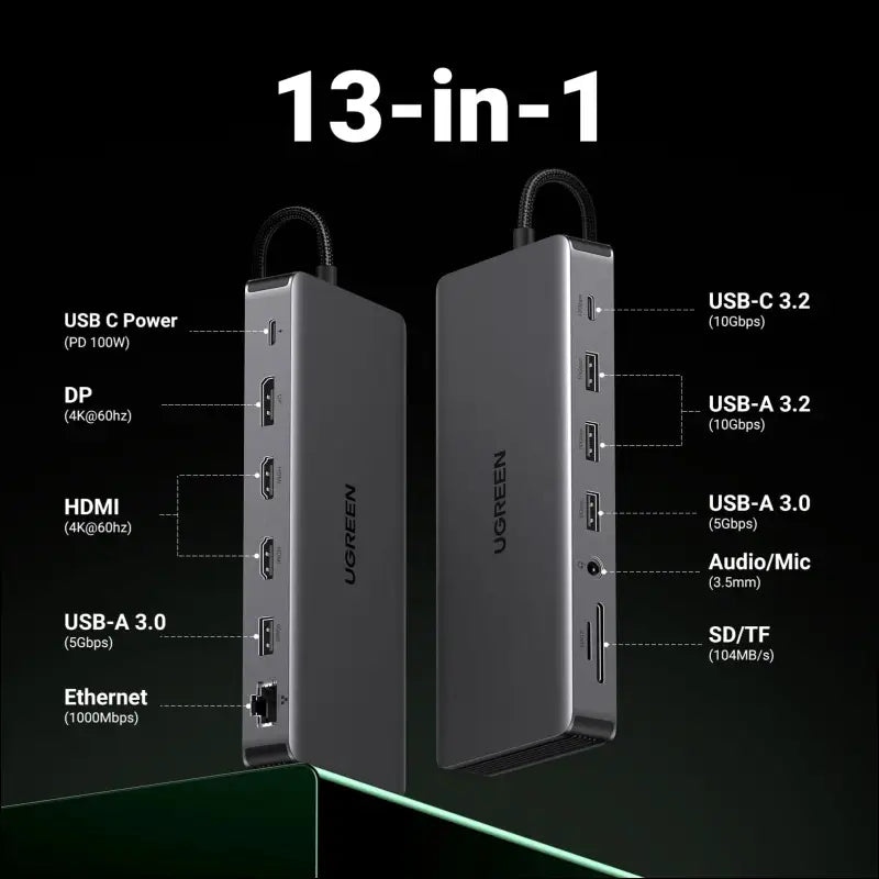 UGREEN Revodok Pro 313 Laptop Docking Station 13 in 1 4K Triple Display USB C Dock Dual HDMI DP 10Gbps Data Port 100W