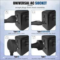 Universal Travel Adapter One International Wall Charger AC Plug Adaptor with 5.6A Smart Power and 3.0A 3 USB Ports and 1Type-C Ports， for USA EU UK AU