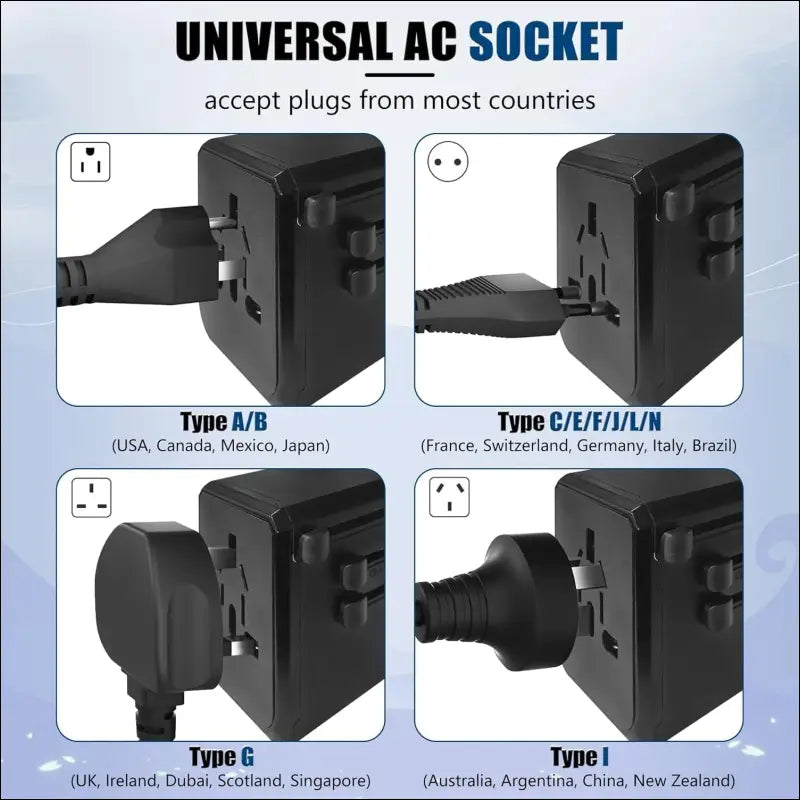 Universal Travel Adapter One International Wall Charger AC Plug Adaptor with 5.6A Smart Power and 3.0A 3 USB Ports and 1Type-C Ports， for USA EU UK AU