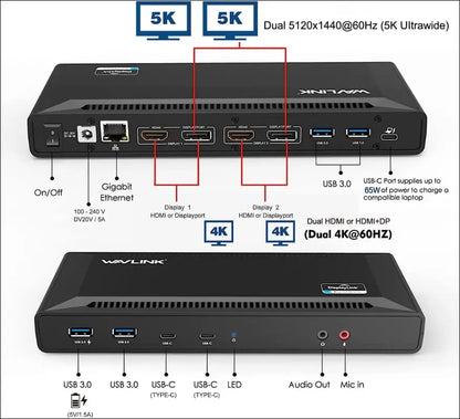 Universal USB C Laptop Docking Station Dual Monitors 5K/4K@60Hz with 65W Host Charging for Thunderbolt 4/3, USB-C Windows, Mac, Chrome, Ubuntu 20.04,22.04(2HDMI, 2DP, 6USB 3.0, 1Gbps Ethernet