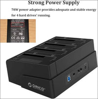 USB 3.0 to SATA offline clone hard drive docking station, 4 slot hard drive enclosure for 2.5 and 3.5 inch SATA HDD/SSD up to 4 x 16 TB with 12 V 6.5 A power supply
