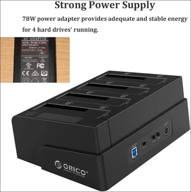 USB 3.0 to SATA offline clone hard drive docking station, 4 slot hard drive enclosure for 2.5 and 3.5 inch SATA HDD/SSD up to 4 x 16 TB with 12 V 6.5 A power supply