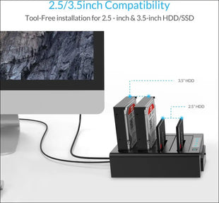 USB 3.0 to SATA offline clone hard drive docking station, 4 slot hard drive enclosure for 2.5 and 3.5 inch SATA HDD/SSD up to 4 x 16 TB with 12 V 6.5 A power supply
