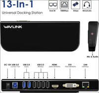 USB 3.0 Universal Docking Station, USB 3.0 Laptop Docking Station Dual Display with HDMI & DVI to VGA/HDMI, Gigabit Ethernet, 6 USB Ports, Audio for Laptop, Ultrabook and PC, No Power Charging