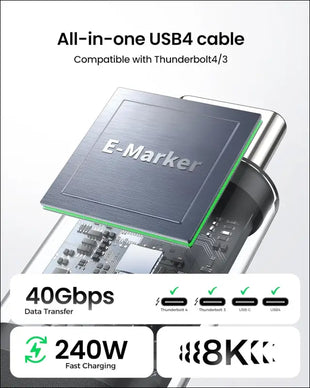 USB 4 Cable for Long Thunderbolt 4 Cable 3M/10FT, 40Gbps Data Transfer, 240W Charging, Supports 8K/5K@60Hz, USB C Thunderbolt 3 Cable Compatible for Macbook, Ipad, Iphone 15, Docking,Dell XPS