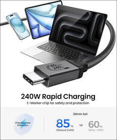USB 4 Cable for Thunderbolt 4 Cable 2M, 40Gbps Data Sync, 8K Display/4K@144Hz, 240W Charging, USB C Video Cable Compatible for Thunderbolt 3, Macbook, Monitor, Docking, Iphone 16/15,SSD, Ipad