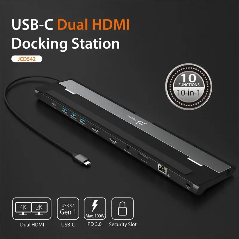 USB-C 9 in 1 Docking Station Support Dual Display with Power Delivery Micro SD Memory Card Gigabit Ethernet Audio Jack 100W PD USBC Hub Port for Type C Laptop (JCD542)
