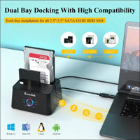 USB-C and USB 3.0 to SATA Dual Bay External Hard Drive Docking Station for All 2.5/3.5 Inch SATAⅠ/Ⅱ/ⅢSSD HDD, Support 2×8TB &UASP with Offline Clone/Backup Function