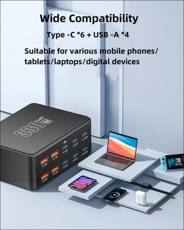 USB C Charging Station 330W, 10 Port Power Hub with PD 100W 65W 30W QC3.0 18W Fast Charging for iPhone 15, iPad Air/Pro, Galaxy