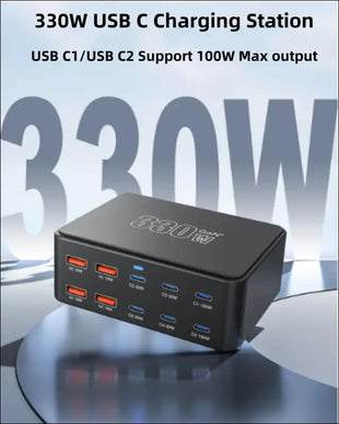 USB C Charging Station 330W, 10 Port Power Hub with PD 100W 65W 30W QC3.0 18W Fast Charging for iPhone 15, iPad Air/Pro, Galaxy
