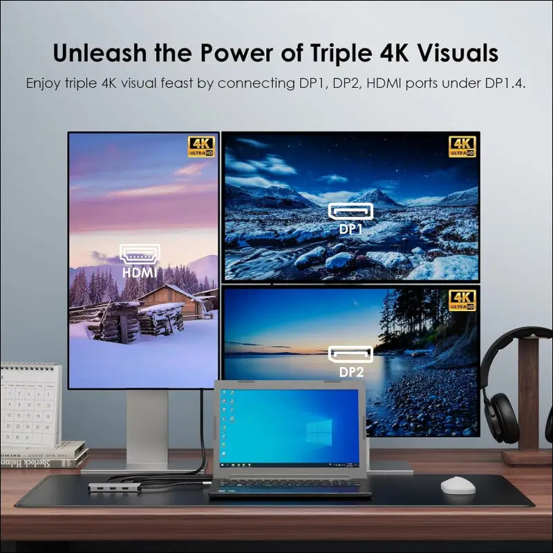 USB C Dock Quad Monitor, 7-in-1 Laptop Docking Station, Multiport Adapter with Dual 4K DP, 4K HDMI, 1080P VGA, 480Mbps USB2.0-A for MacBook, Dell XPS, Lenovo Thinkpad, and HP Laptops