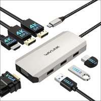 USB C Dock Quad Monitor, 7-in-1 Laptop Docking Station, Multiport Adapter with Dual 4K DP, 4K HDMI, 1080P VGA, 480Mbps USB2.0-A for MacBook, Dell XPS, Lenovo Thinkpad, and HP Laptops