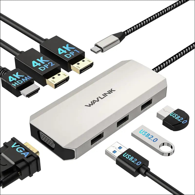 USB C Dock Quad Monitor, 7-in-1 Laptop Docking Station, Multiport Adapter with Dual 4K DP, 4K HDMI, 1080P VGA, 480Mbps USB2.0-A for MacBook, Dell XPS, Lenovo Thinkpad, and HP Laptops