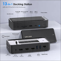 USB C Docking Station 3 Monitors, 13 in 1 USB C Hub with 10Gbps M.2 PCIe/SATA SSD Enclosure, Expands MacBook/Mac Mini (M4/M3/M2/M1), 4K@60Hz HDMI/DP, 100W PD, USB C/USB A, SD/TF, Gigabit RJ45