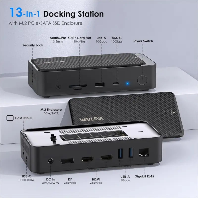USB C Docking Station 3 Monitors, 13 in 1 USB C Hub with 10Gbps M.2 PCIe/SATA SSD Enclosure, Expands MacBook/Mac Mini (M4/M3/M2/M1), 4K@60Hz HDMI/DP, 100W PD, USB C/USB A, SD/TF, Gigabit RJ45