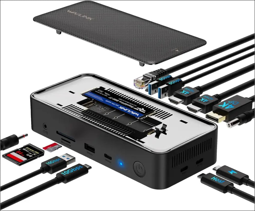 USB C Docking Station 3 Monitors, 13 in 1 USB C Hub with 10Gbps M.2 PCIe/SATA SSD Enclosure, Expands MacBook/Mac Mini (M4/M3/M2/M1), 4K@60Hz HDMI/DP, 100W PD, USB C/USB A, SD/TF, Gigabit RJ45