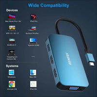 USB C Docking Station, 8-in-1 USB C Hub with Triple Display Dual HDMI, VGA, 3*USB 3.0, 100W Power Delivery, 3.5mm AUX Audio Compatible with MacBook Pro, XPS and More
