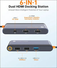 USB C Docking Station Dual Monitor, 6-in-1 USB-C to Dual HDMI Adapter with 4K 60HZ HDMI, 100W PD, 4 USB Ports, USB C Hub Multiport Adapter Thunderbolt 3/4 Dock for Dell HP Lenovo,MacBook Pro Air