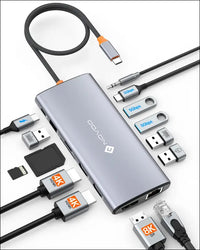 USB C Docking Station Dual Monitor for Laptop 14 in 1 USB C Hub Adapter Thunderbolt 3 to Dual 4K60 HDMI + 8K30 DP USB