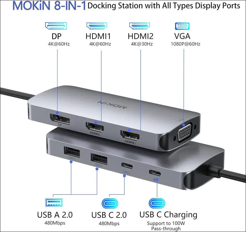 USB C Docking Station Dual Monitor,  Laptop Docking Station with 2 HDMI, VGA, 3 USB 3.1, 2 USB 2.0, PD Charging, Ethernet, Audio&Mic for Dell XPS/Steam Deck/HP/ASUS/Lenovo ThinkPad/Surface
