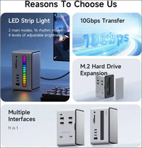 USB C Docking Station, LED Strip Light USB-C Hub Type-C Adapter with M.2 SSD Enclosure, 10Gbps 3.1, 5Gbps USB3.0, 5Gpbs USB-C, SD/Micro SD for MacBook Air Pro, Laptop (U100 Lite) Grey