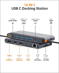 USB C Docking Station Quad Display, 14-in-1 Laptop Docking Station Dual Monitor, 8K@30Hz DP, Dual 4K@60Hz HDMI, VGA, 5 USB Data Ports, 100W PD, Ethernet, SD/TF, Mic/Audio, USB C HUB, Thunderbolt Dock