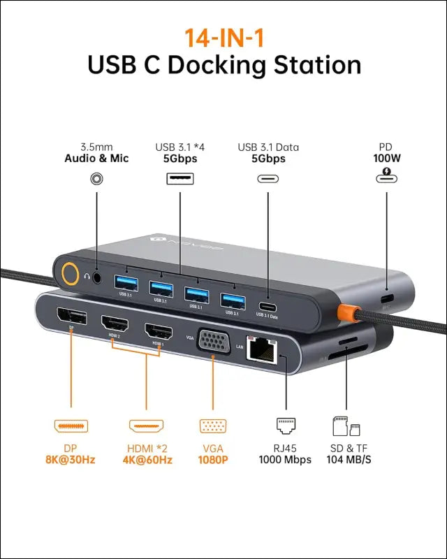 USB C Docking Station Quad Display, 14-in-1 Laptop Docking Station Dual Monitor, 8K@30Hz DP, Dual 4K@60Hz HDMI, VGA, 5 USB Data Ports, 100W PD, Ethernet, SD/TF, Mic/Audio, USB C HUB, Thunderbolt Dock
