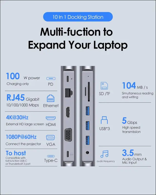 USB C Docking Station with 100W PD, 4K HDMI, VGA, Gigabit Ethernet, Card Reader, USB 3.0, Aux Adapter for MacBook Pro, New Mac Air/Surface, More, Stable Driver Certified (CB-D55, Space Gray)