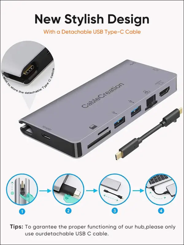 USB C Docking Station with Detachable USB-C Cable,  9-in-1 USB C Dock to 4K HDMI,VGA, Ethernet,USB 3.0,SD/Micro SD and 100W PD Compatible for Steam Deck,MacBook Pro/Air 2020,iPad Pro2018
